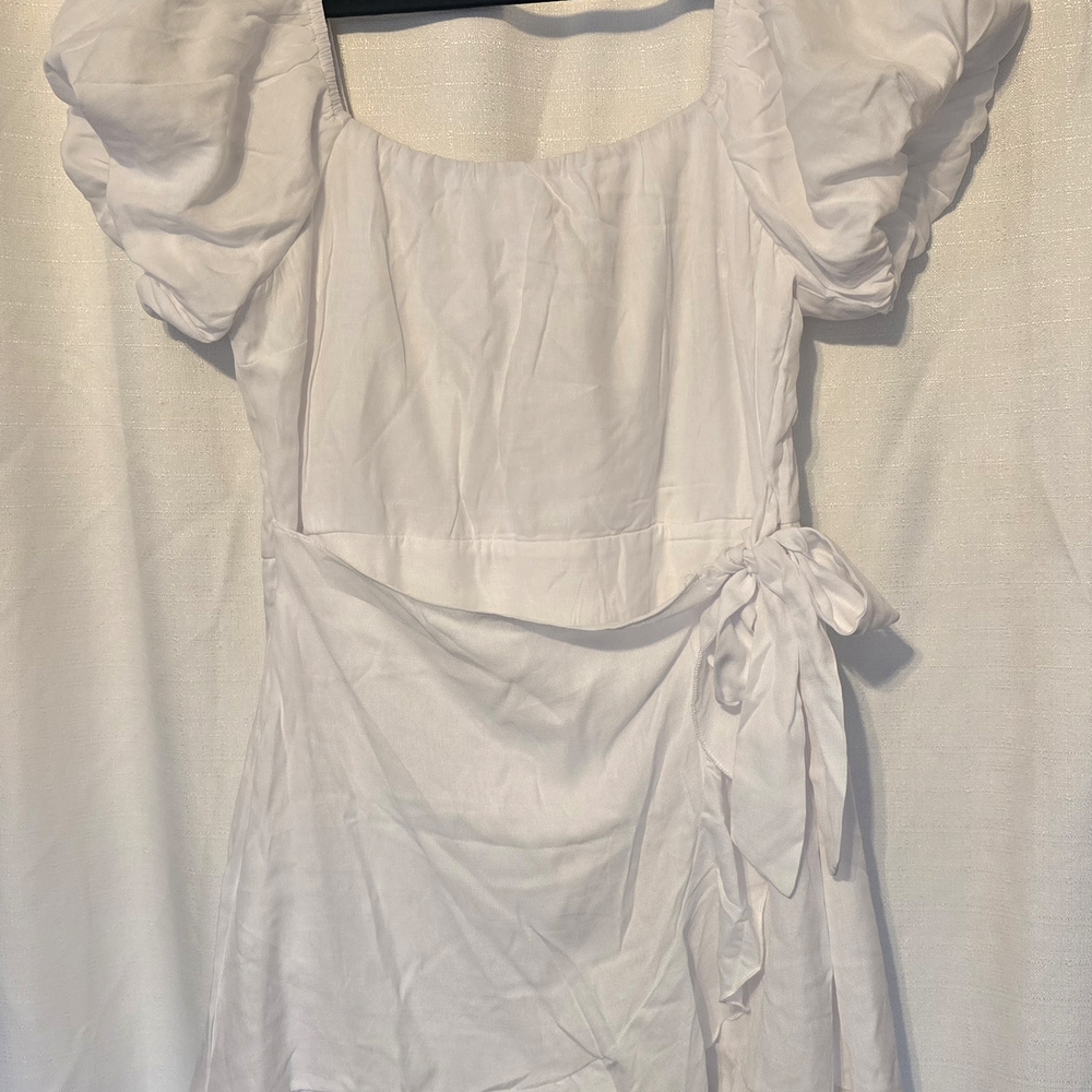 Trixxi White Mini Dress with Puff Sleeves Coastal Grandma Shabby Chic Ruffles - Picture 3 of 6